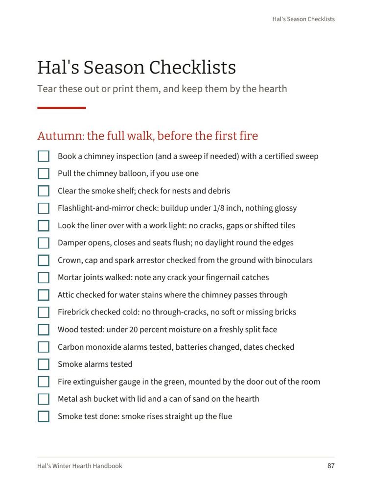 A handbook page of tick-box checklists for the autumn chimney walk